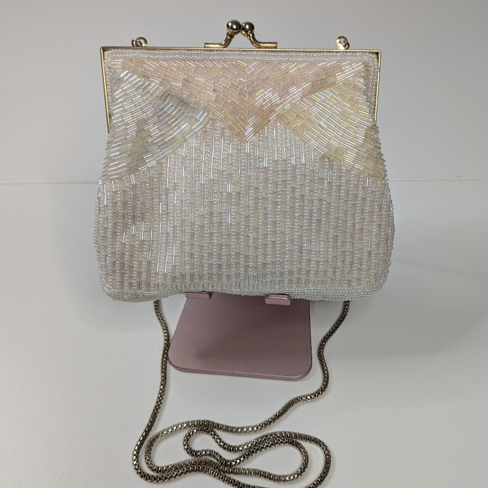 Magid White/Pastel Beaded Evening Bag Vintage 50s 60s Macau Handmade - Picture 3 of 15